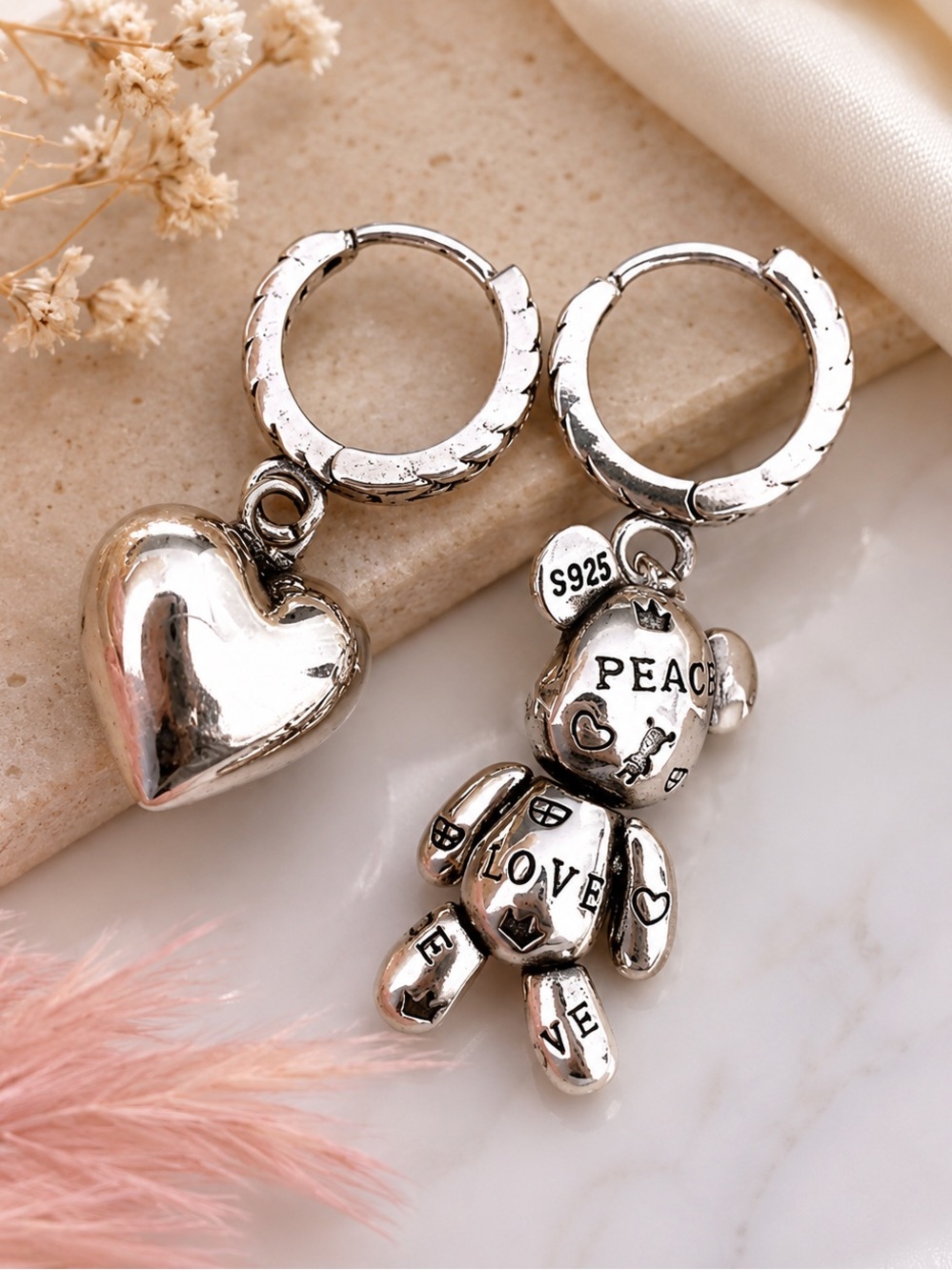 Cute Mismatched Heart&Teddy Bear Dangle Hoop Earrings|Charm Earrings